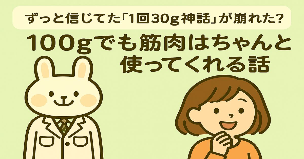 白衣を着たウサギのキャラクター「みどりん」（左）と、オレンジの服を着た女性キャラクター「すずちゃん」（右）が並んで笑顔で話しているイラスト。背景は淡い黄緑色。「ずっと信じてた『1回30g神話』が崩れた？ 100gでも筋肉はちゃんと使ってくれる話」という見出しが中央に大きく表示されている。